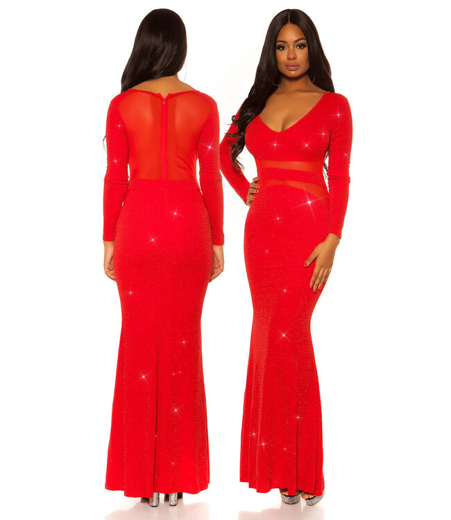 Luxe shimmer gala jurk met mesh - rood