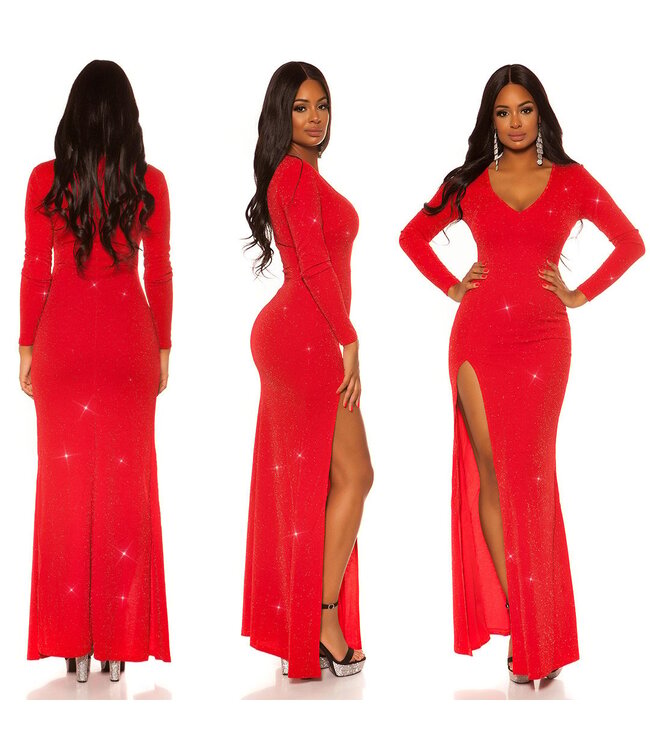 Luxe shimmer gala jurk met  leg slit - rood
