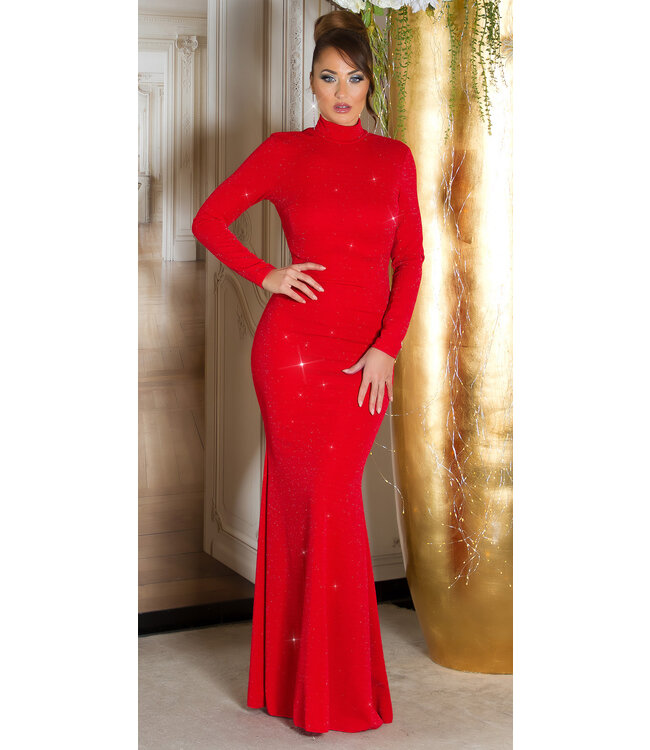 Luxe high neck shimmer gala jurk met open rug - rood