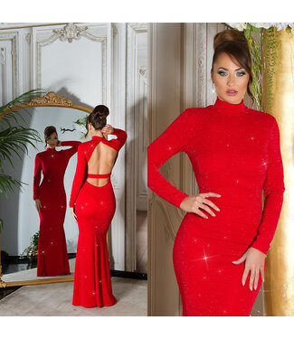 ClassyWear Luxe high neck shimmer gala jurk met open rug - rood