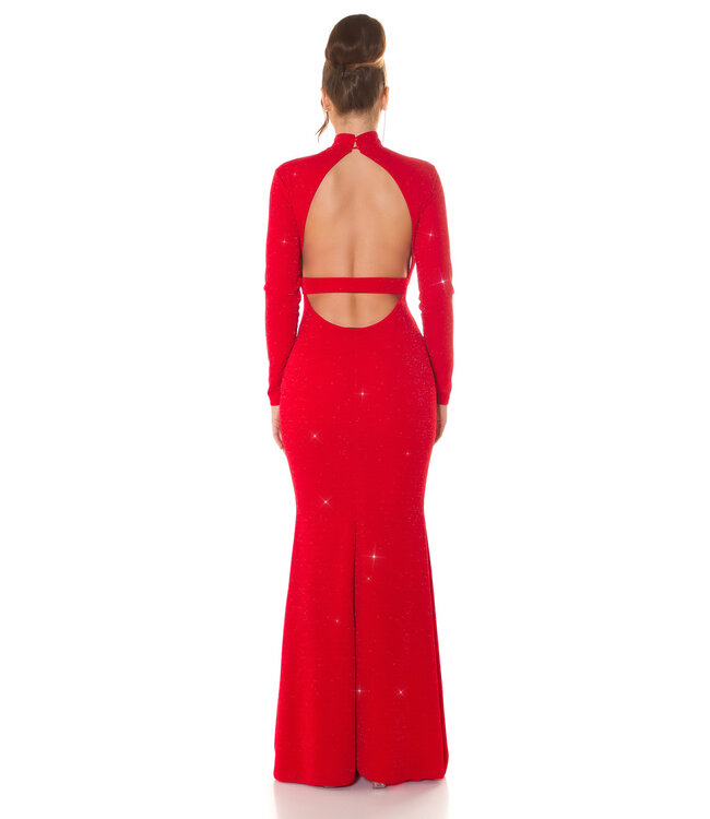 Luxe high neck shimmer gala jurk met open rug - rood