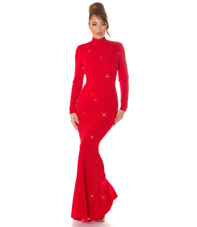 Luxe high neck shimmer gala jurk met open rug - rood
