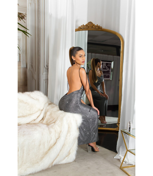 Luxe glitter maxi lang jurk met open rug - zilver