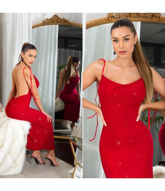 ClassyWear Luxe glitter maxi lang jurk met open rug - rood