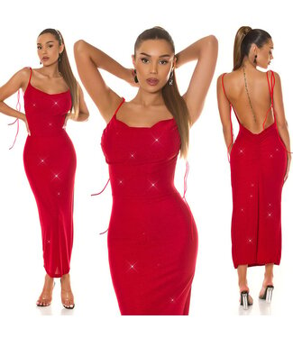 ClassyWear Luxe glitter maxi lang jurk met open rug - rood