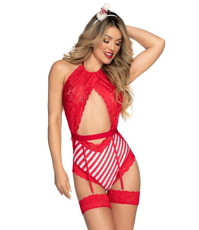 'XMAS CANDY' Sexy bodysuit lingerie set teddy met open achterkant - rood