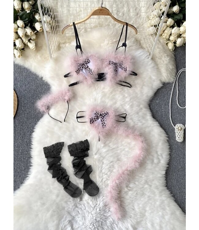 ClassyWear Fluffy sexy cat/kostuum lingerie 4-delige set - roze/leo