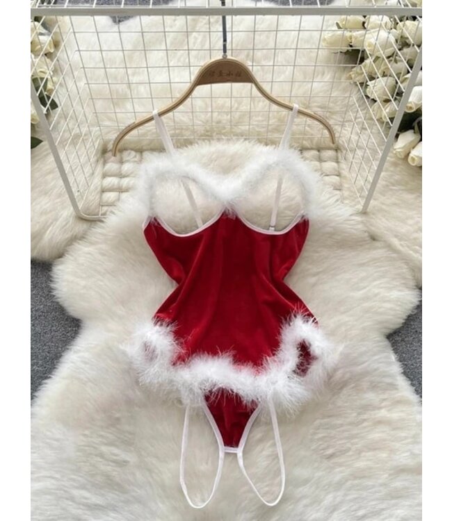 Sexy SANTA BABY open cup bodysuit lingerie met bont