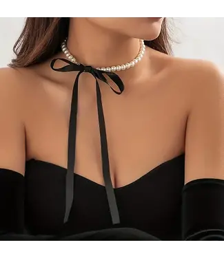 ClassyWear Elegante Vintage pearl ketting/choker met velvet - zwart