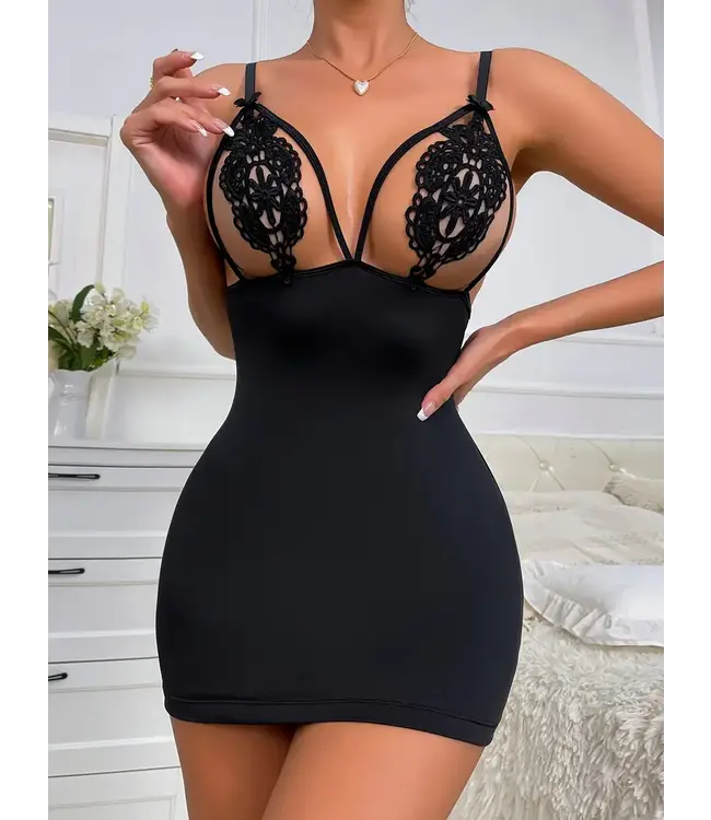 Sexy cut out lingerie jurkje met open rug - zwart