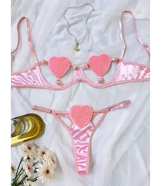 ClassyWear SEXY Pink valentijn Satijnen lingerie setje met teddy zacht heart - roze