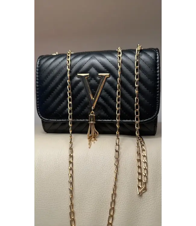 Leatherlook leren tasje met gouden V - zwart
