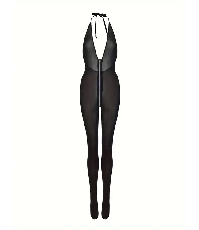 Sexy mesh bodystocking met doorlopende rits - zwart