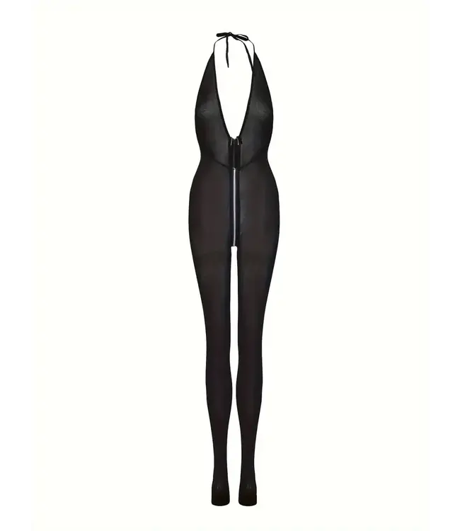 Sexy mesh bodystocking met doorlopende rits - zwart