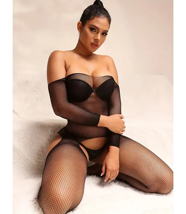 Sexy open kruis bodystocking met visnet