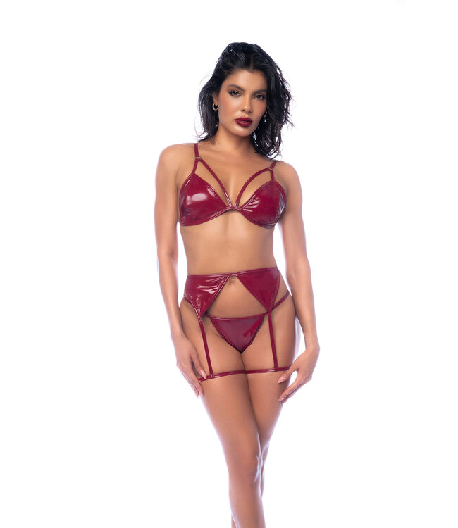Luxe Sexy laklook 3-delige ingerie set - Burgundy