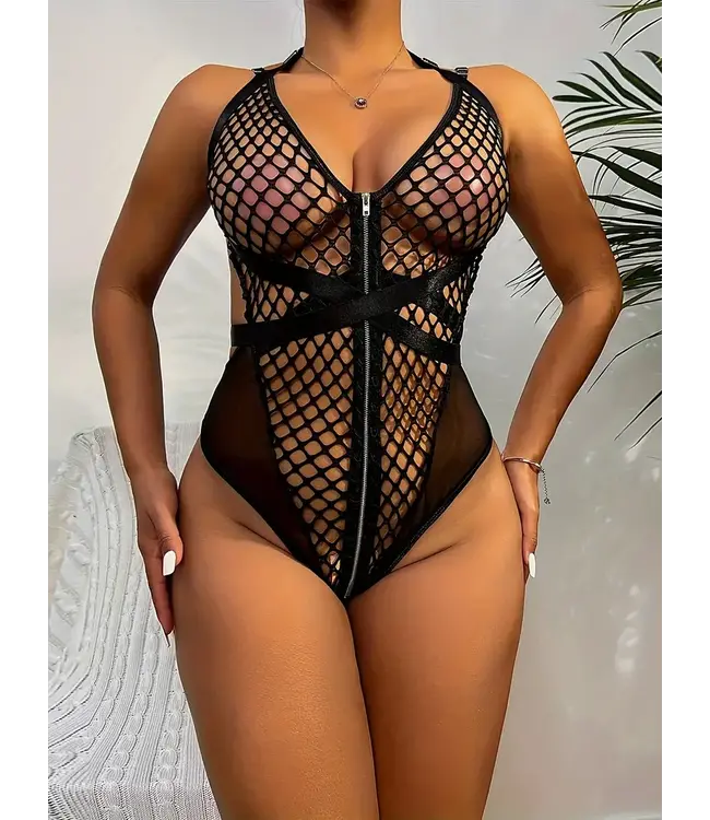 Sexy lingerie bodysuit met ketting en mesh - zwart