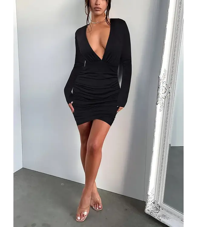 Sexy bodycon jurk met deep V neck - zwart