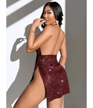 ClassyWear Sexy glitter jurkje met open rug - wijn