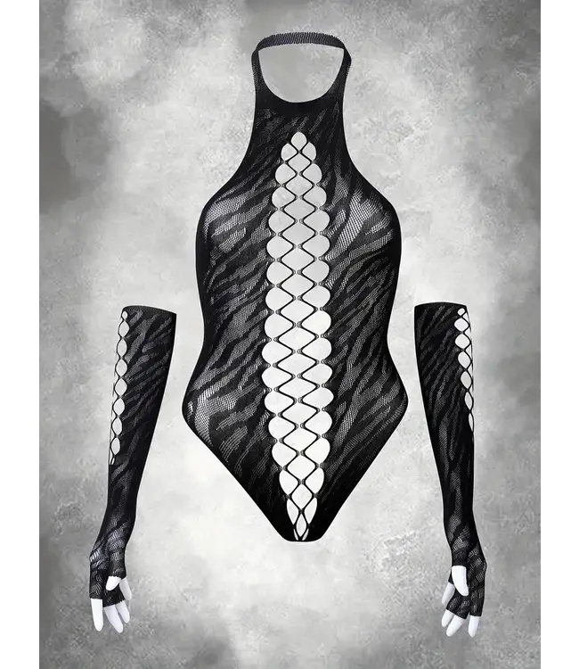 Sexy open-rug mesh bodysuit lingerie met lang handschoenen- zebra