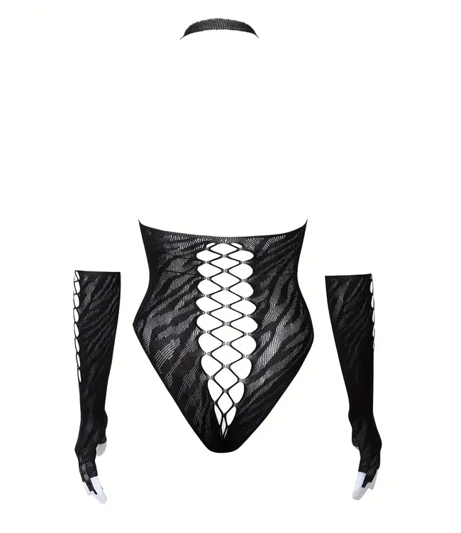 Sexy open-rug mesh bodysuit lingerie met lang handschoenen- zebra