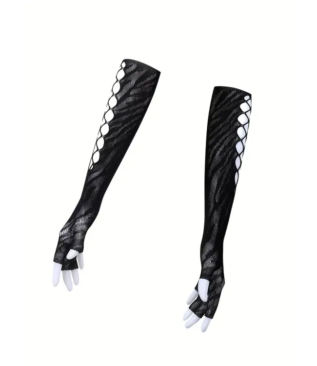 Sexy open-rug mesh bodysuit lingerie met lang handschoenen- zebra