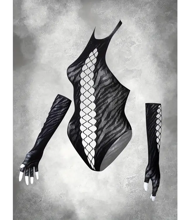 Sexy open-rug mesh bodysuit lingerie met lang handschoenen- zebra