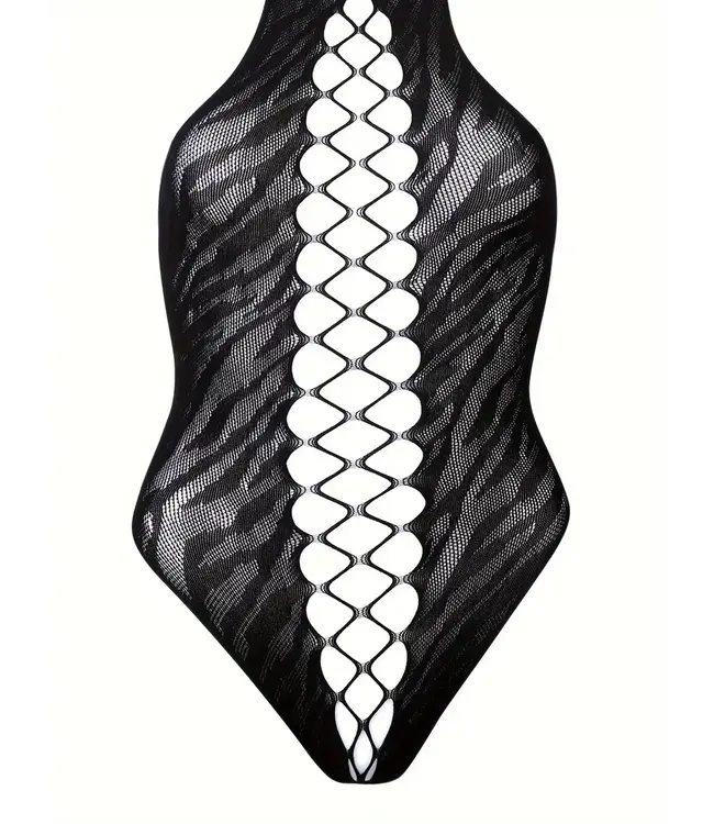 Sexy open-rug mesh bodysuit lingerie met lang handschoenen- zebra