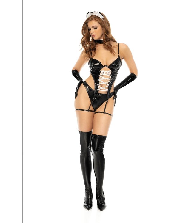 Luxe kinky maid laklook/latexlook lingerie setje kostuum