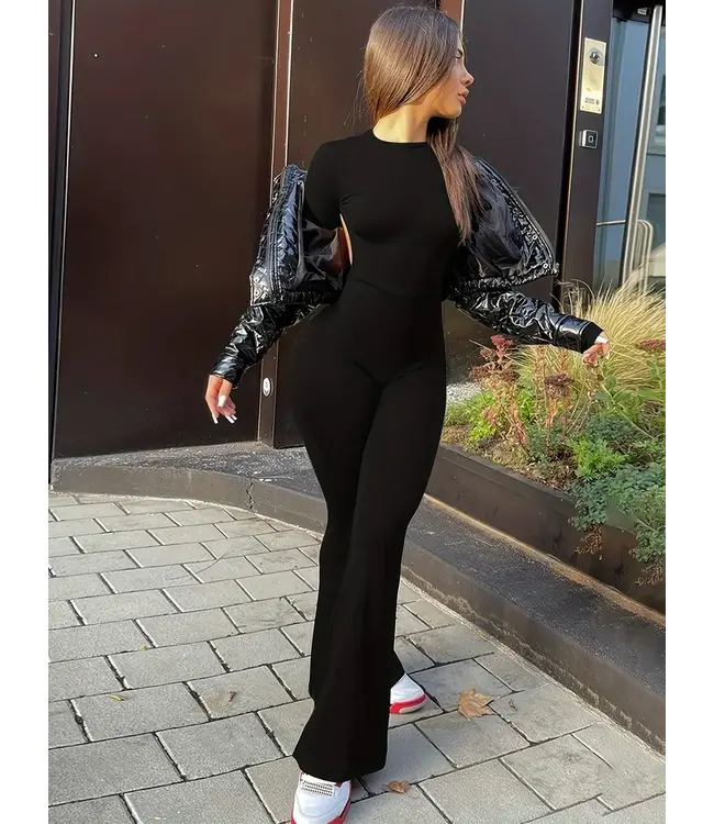 Sexy chic open rug jumpsuit - zwart