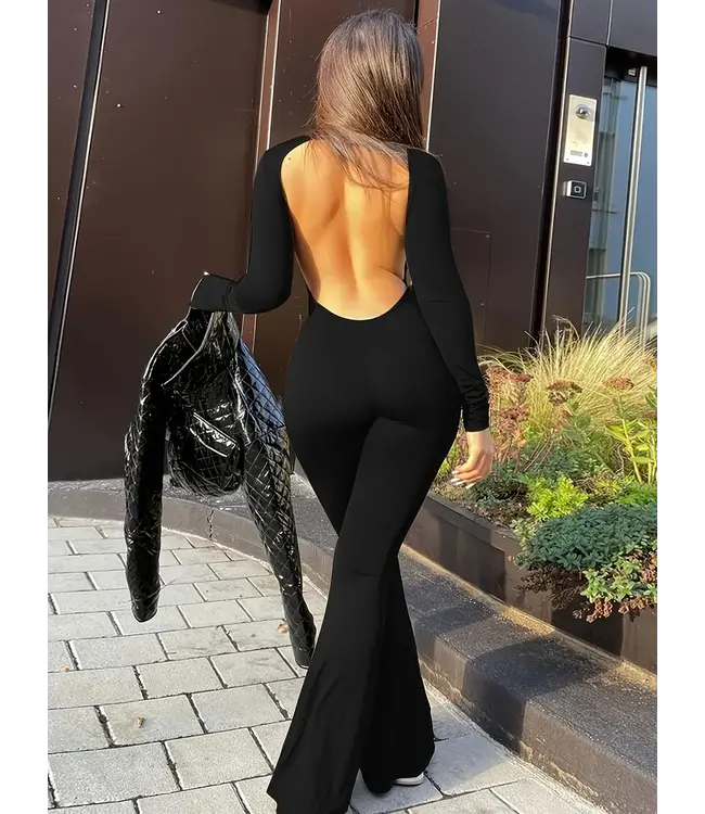 Sexy chic open rug jumpsuit - zwart