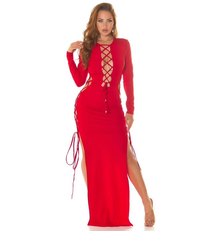 Sexy elegante maxi lang jurk met cut out en veters - rood