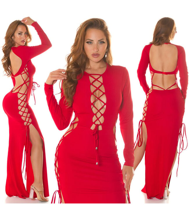 Sexy elegante maxi lang jurk met cut out en veters - rood