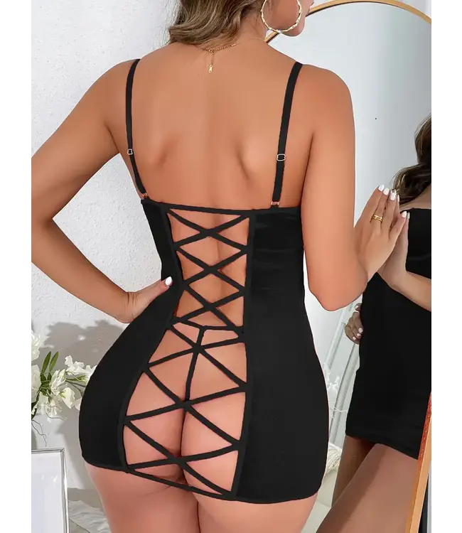 Sexy push up zwarte velvet jurkje met open achterkant en veters