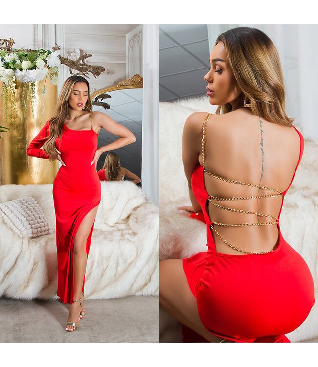 Elegante maxi lang jurk met open rug en ketting - rood