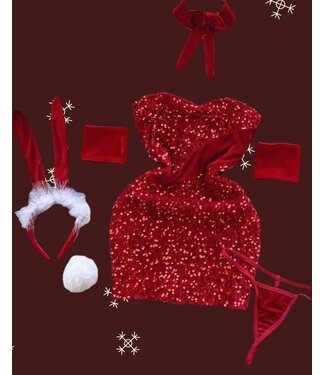 ClassyWear Luxe 6-delige kerst glitter jurk 'elegante bunny girl' - rood