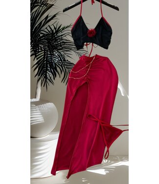 ClassyWear Sexy lang jurk set met split en gouden ketting - rood