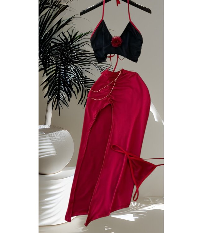 Sexy lang jurk set met split en gouden ketting - rood