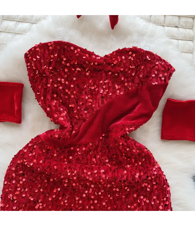 Luxe 6-delige kerst glitter jurk 'elegante bunny girl' - rood