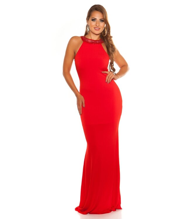 Luxe elegante gala lang  jurk met pailletten - rood