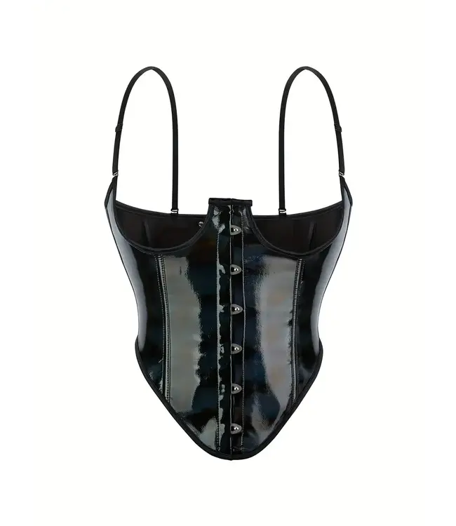 Sexy laklook pu underbust corset met straps - zwart