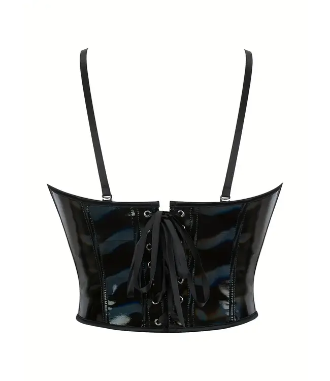 Sexy laklook pu underbust corset met straps - zwart