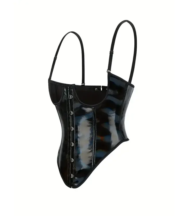 Sexy laklook pu underbust corset met straps - zwart