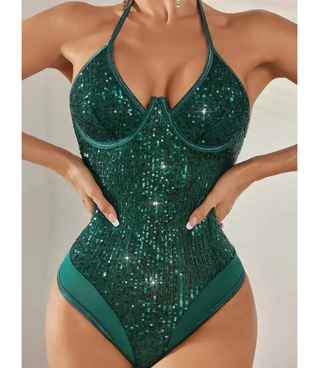 Sexy bodysuit topje met open rug en pailletten - groen