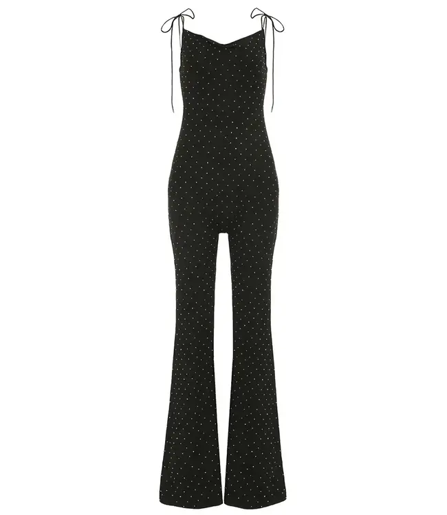 Festival! Shiny jumpsuit met open rug en strass steentjes -zwart