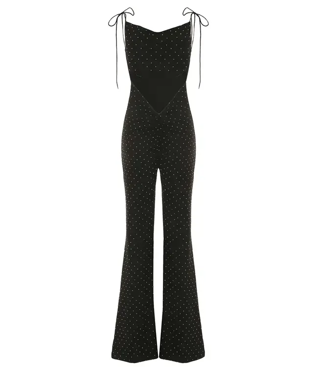 Festival! Shiny jumpsuit met open rug en strass steentjes -zwart