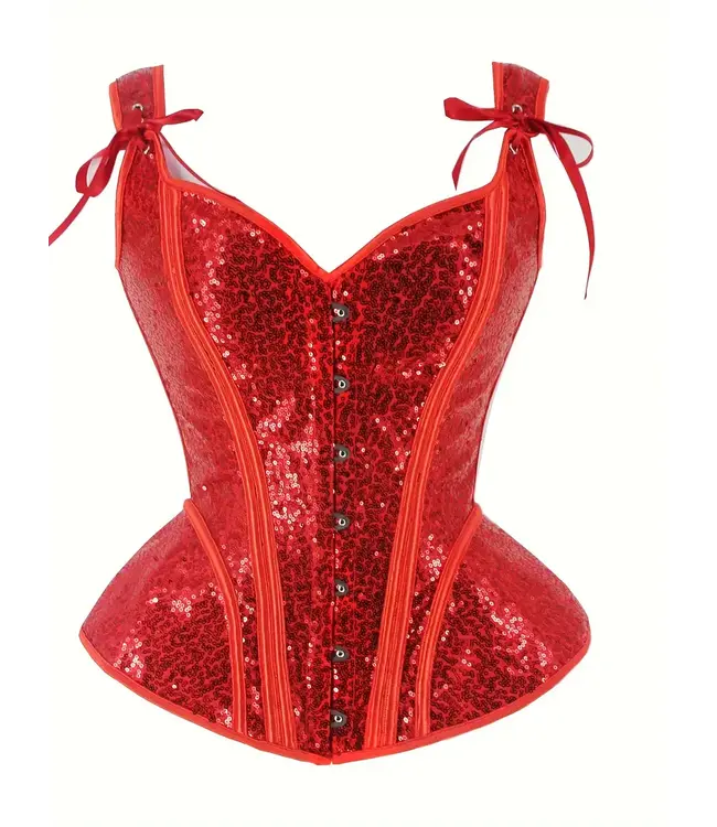 Luxe pailletten overbust corset met veters -  rood