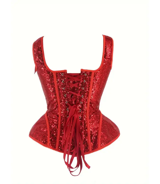 Luxe pailletten overbust corset met veters -  rood