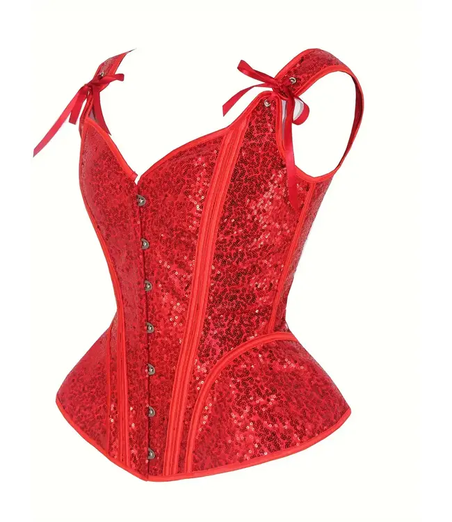 Luxe pailletten overbust corset met veters -  rood