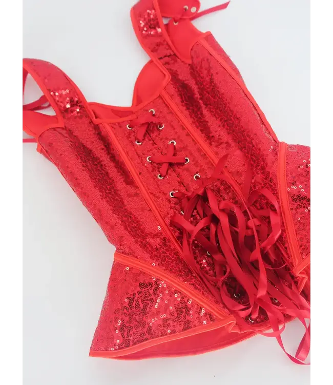 Luxe pailletten overbust corset met veters -  rood